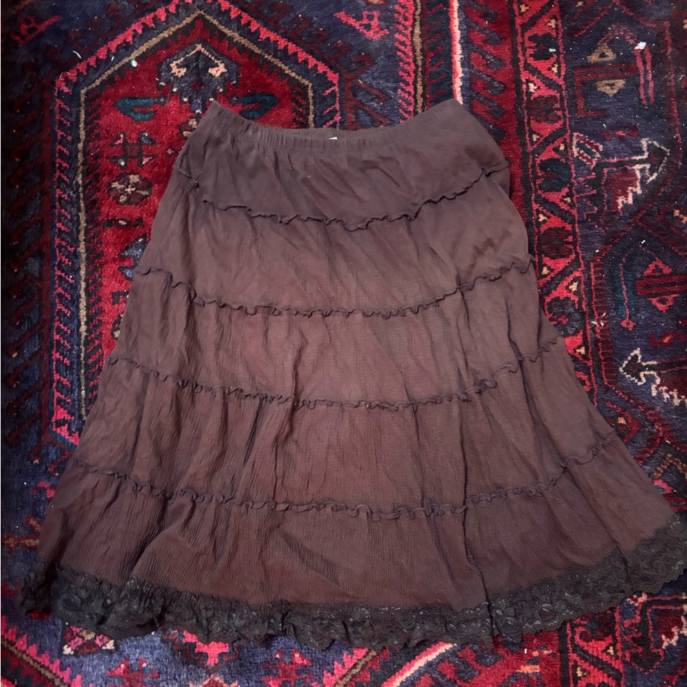 Vintage Brown Lace Trim Midi Skirt